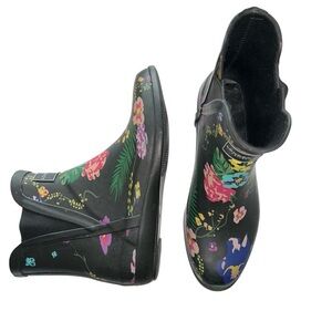 London Fog Black Floral‎ Piccadilly Ankle Rain Boots Waterproof Women’s 8